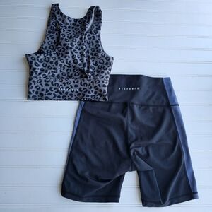 Allfenix 2pc Set Leopard Print Sports Bra W/ Black Shorts Womens XS